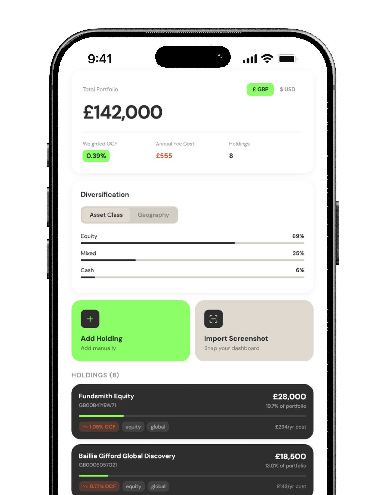 Arken portfolio screen — real-time holdings and insights