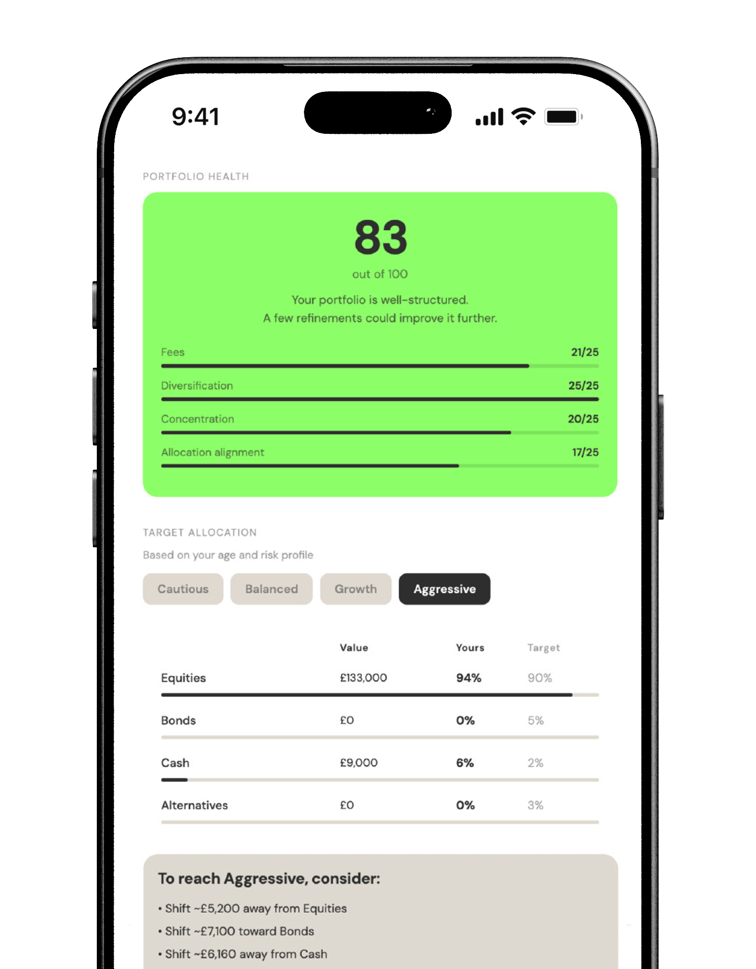 Arken insights screen — portfolio health score and advice