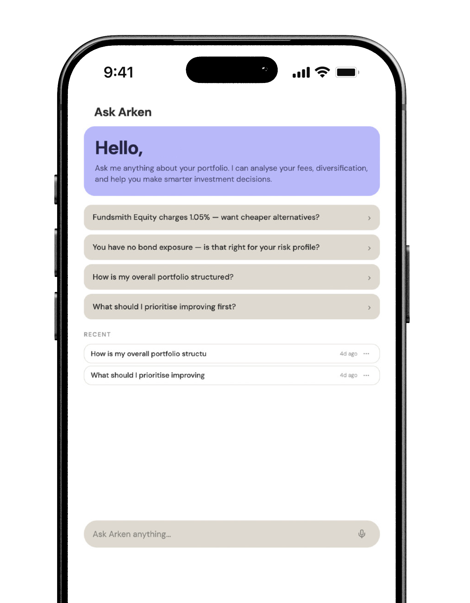 Arken AI advisor — Ask Arken screen